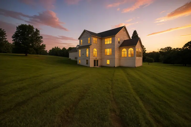 Twilight exterior of a colonial home on a large lot in Leesburg, VA